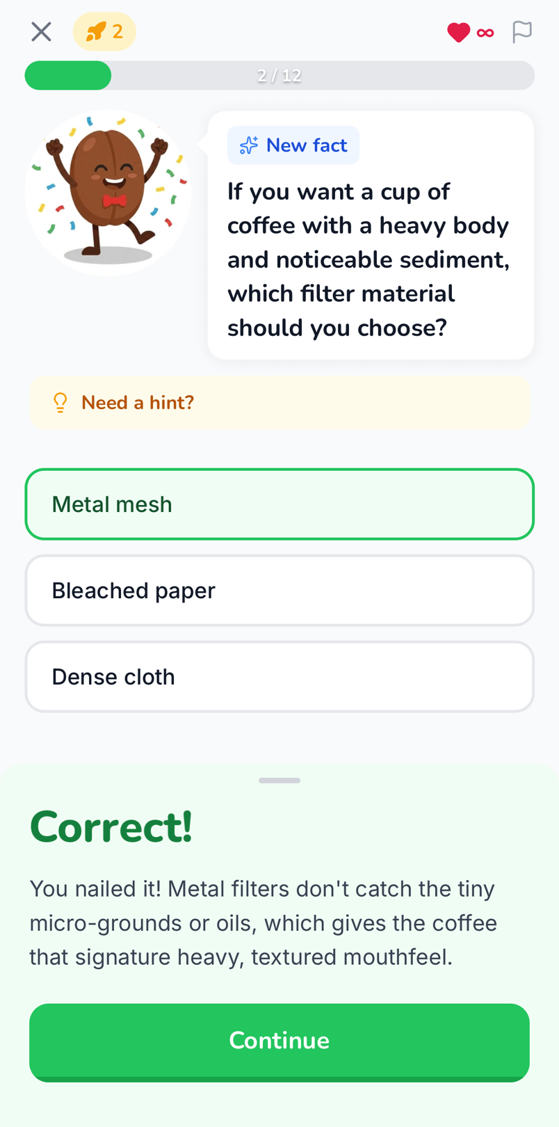 Tomo app lesson with correct answer feedback.